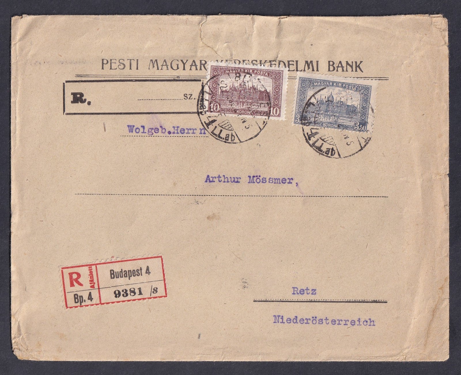 1922. Retz (Ausztria)-ba feladott ajánlott levél 2 db „P.M.K.B.” perfin bélyeggel - levélzáró pecsétbélyeggel