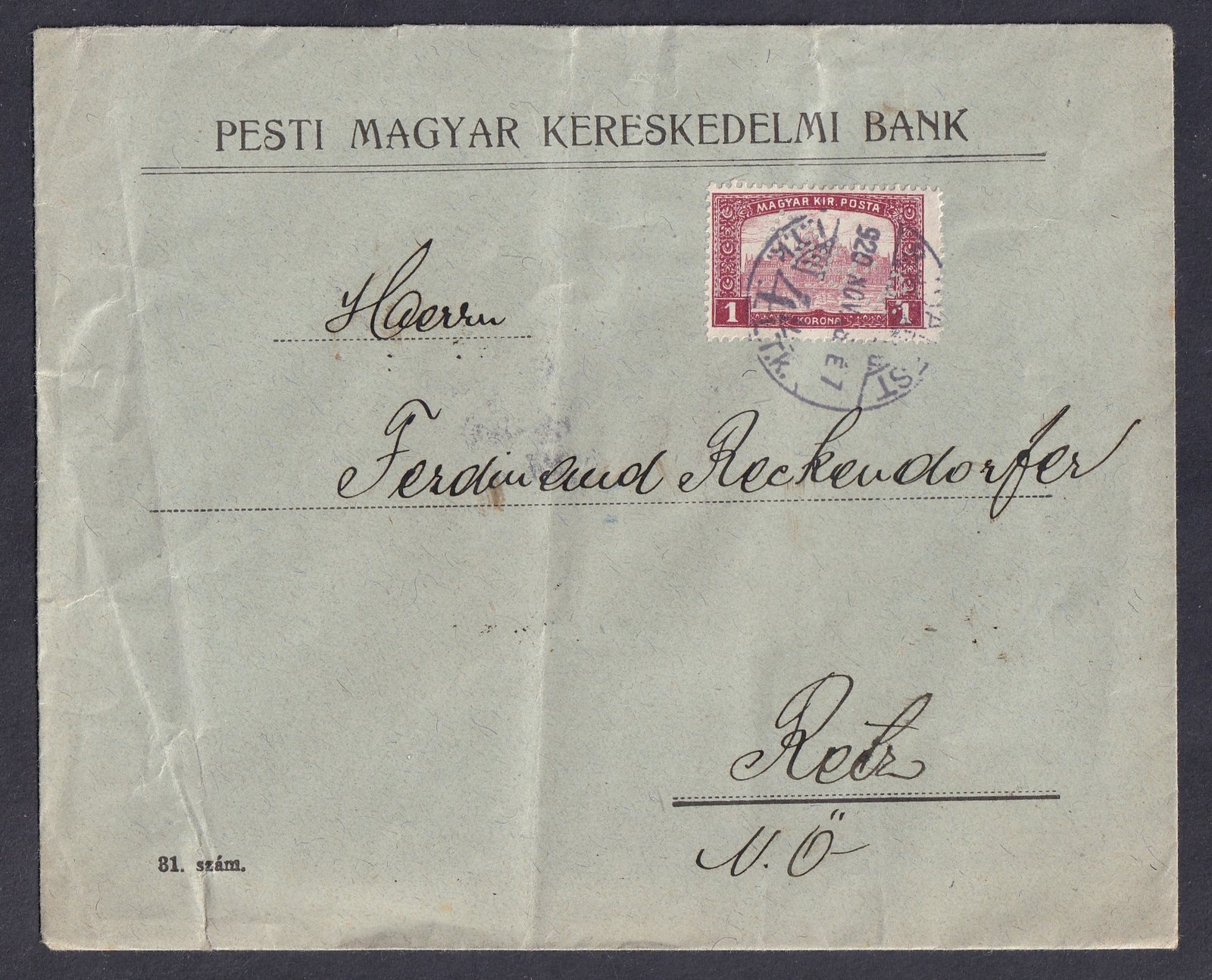 1920. (2. d.sz.) Retz (Ausztria)-ba feladott levél „P.M.K.B.” perfin bélyeggel - levélzáró pecsétbélyeggel