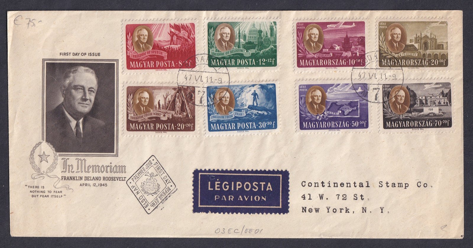 1947. Roosevelt sor FDC, New-Yorkba feladott légi posta levélként