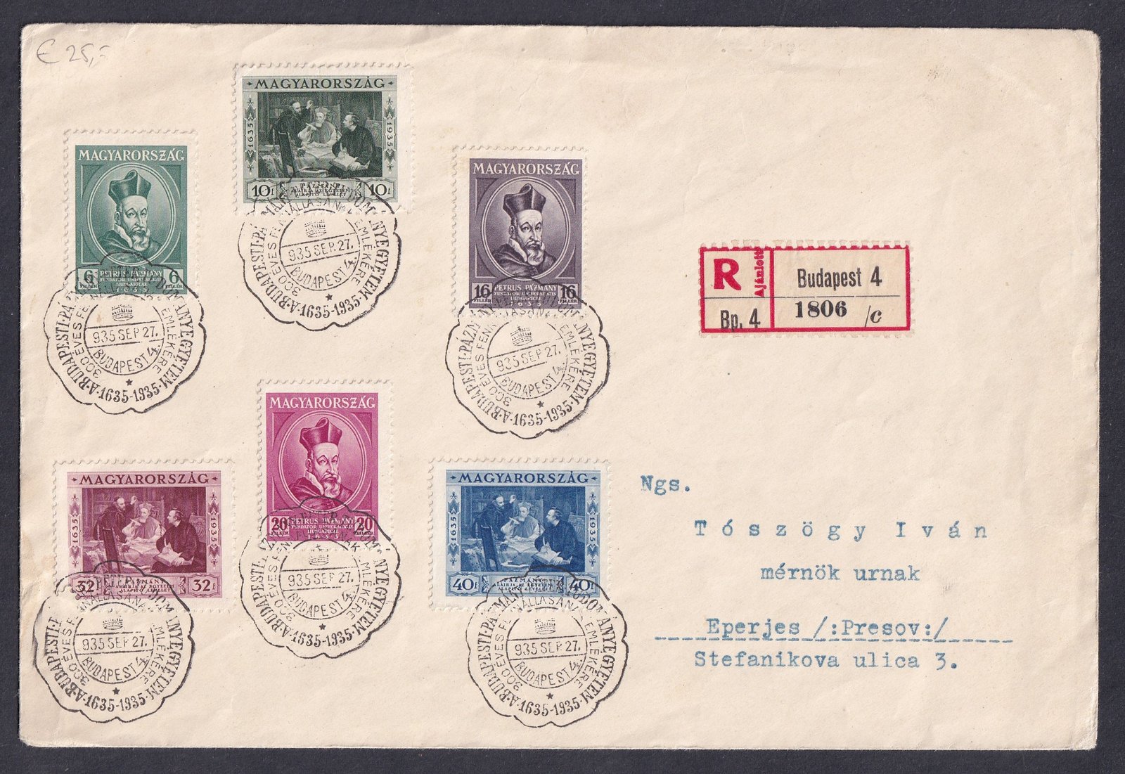 IMG_20251212_0014 1935. Pázmány FDC - Eperjesre feladott ajánlott levélként