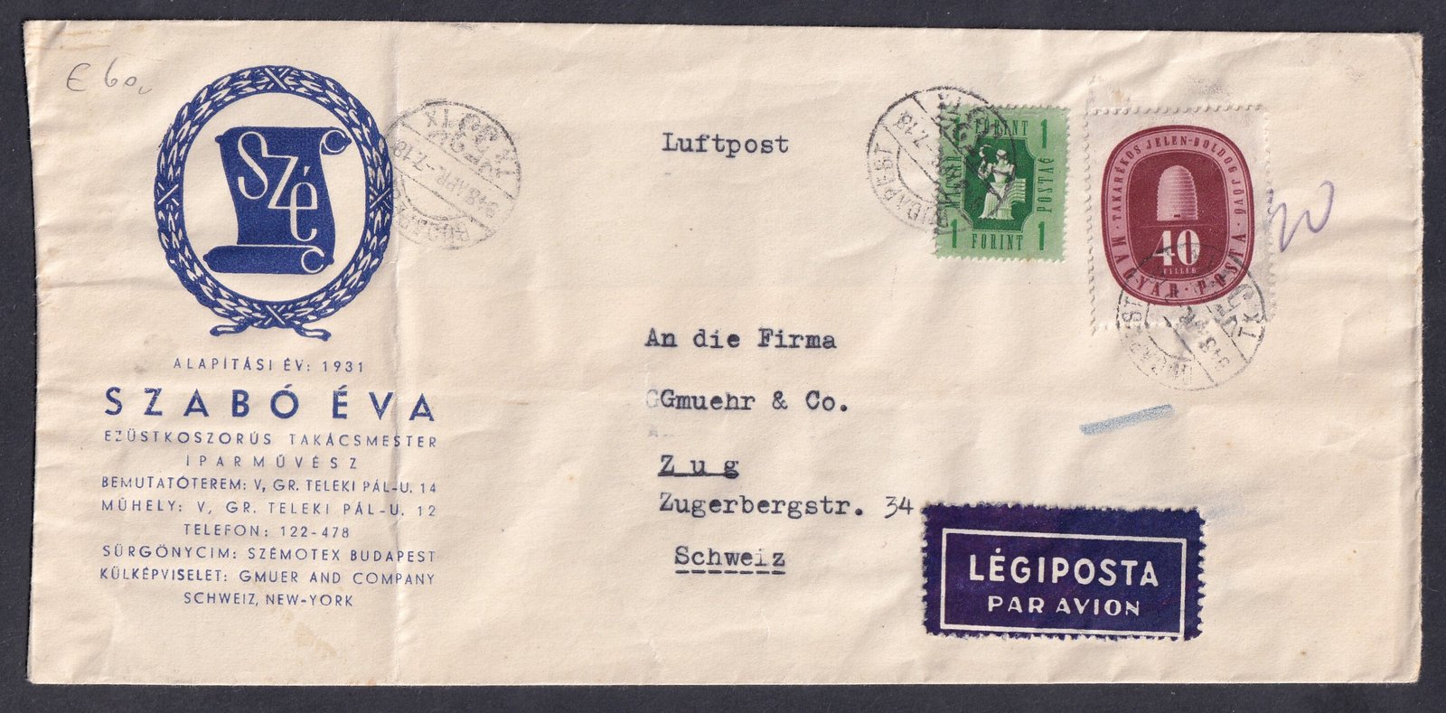 1948. Budapest, ZUG (Svájc)-ba feladott légiposta levél