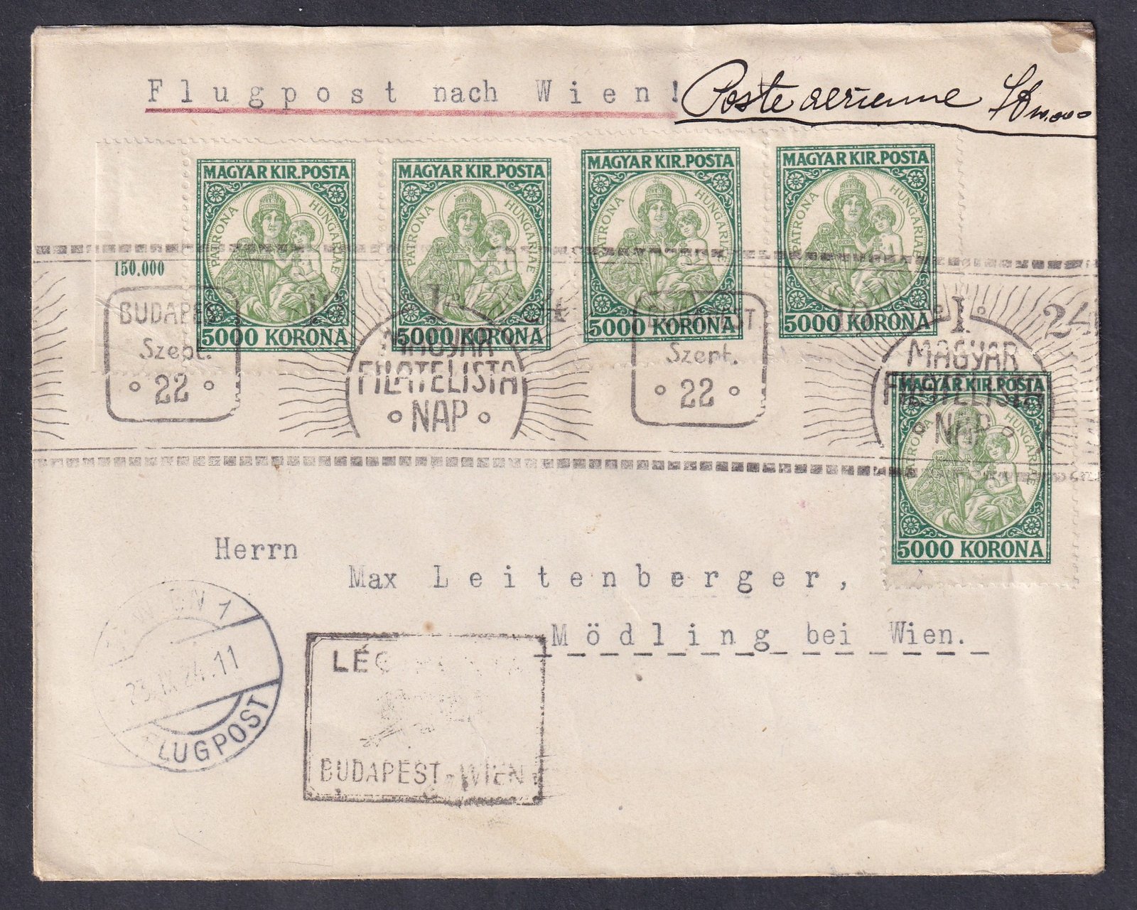 1923. alkalmi bélyegzéssel bécsbe feladott légiposta levél - Budapest-Wien irányító bélyegzéssel