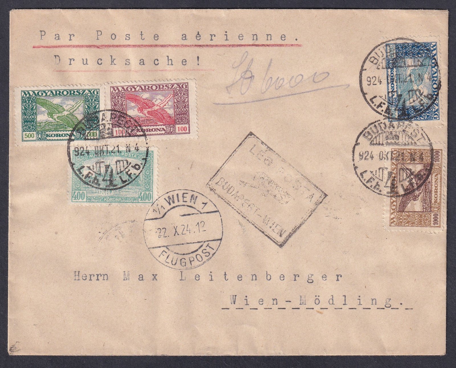 IMG_20251212_0020.1 1922. Budapest, Bécsbe feladott légiposta levél – Budapest-Wien irányító bélyegzéssel