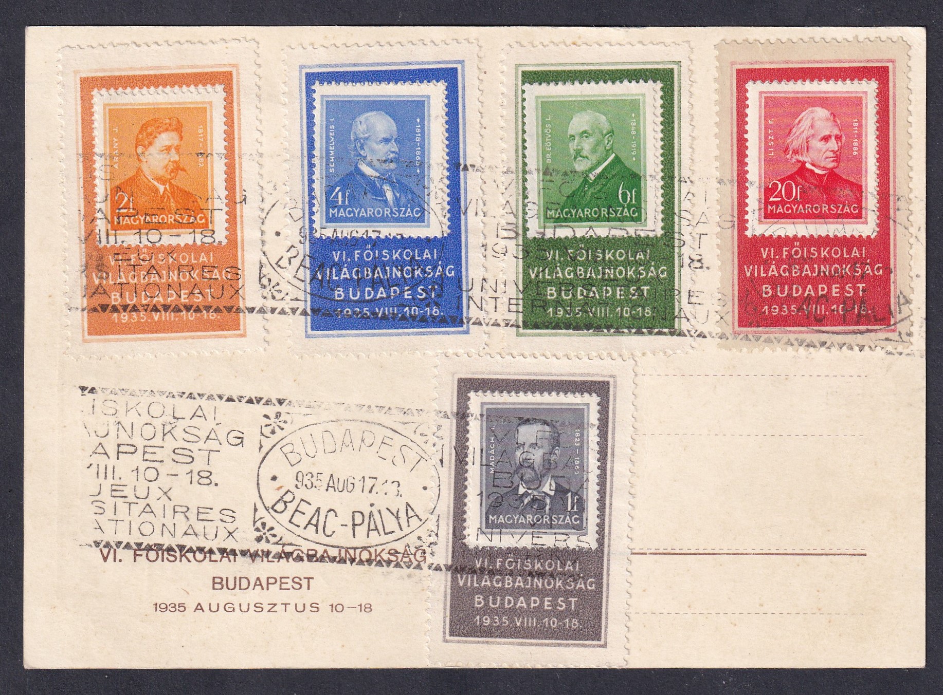 1935. Budapesti VI. Főiskolai Világbajnokság reklámképeslap, alkalmi bélyegzéssel ellátott, keretes emlékbélyegekkel