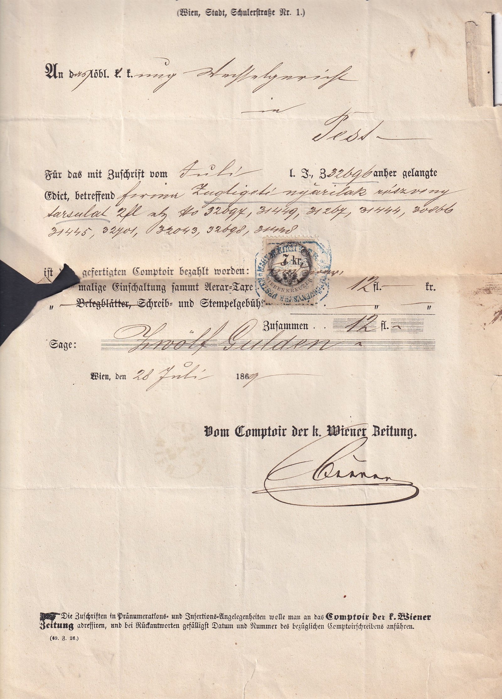 1869. Bécs (kék színű bélyegzéssel) Pestre feladott ex offo levél, a levélben törvénykezési illetékkel