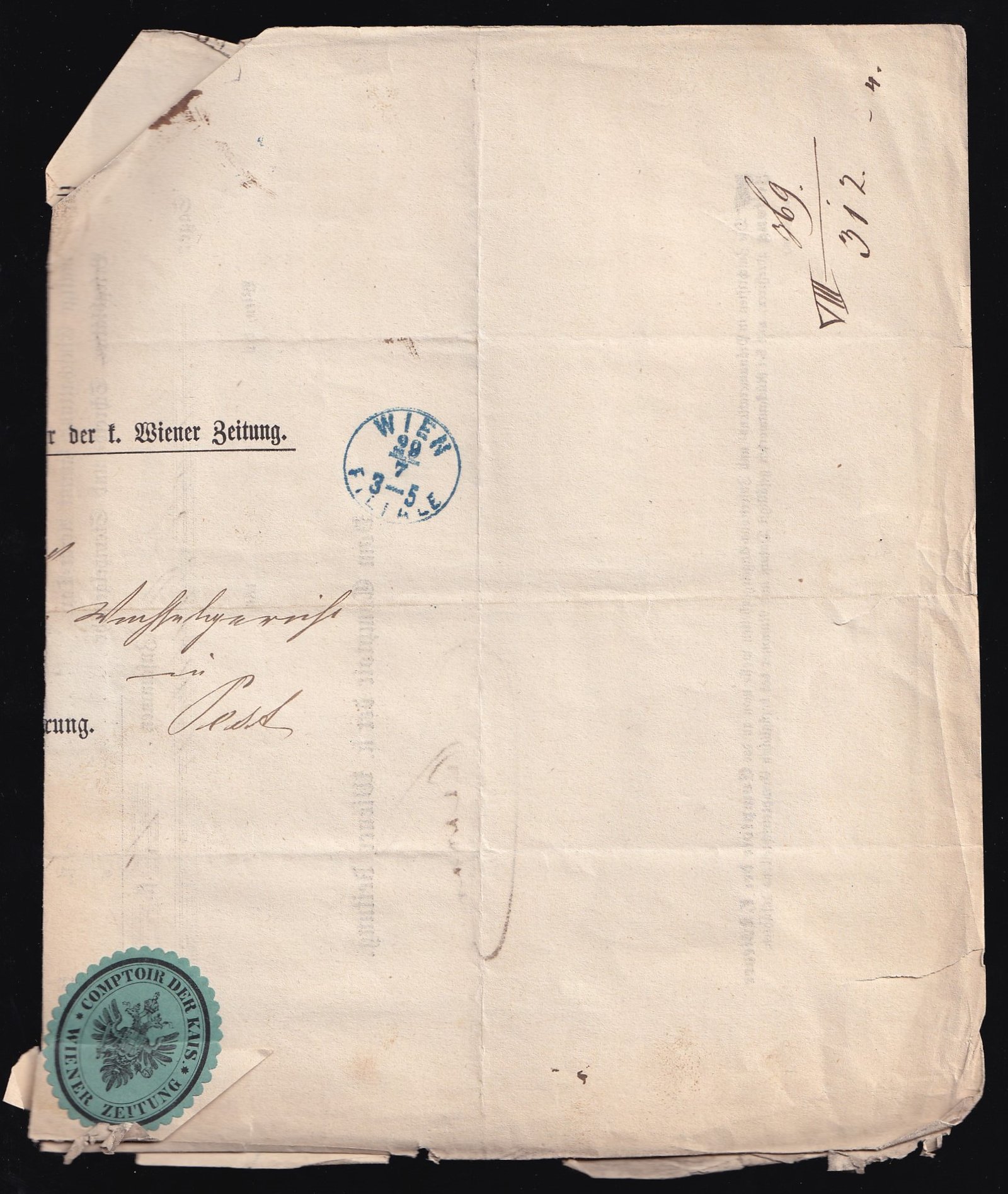 1869. Bécs (kék színű bélyegzéssel) Pestre feladott ex offo levél, a levélben törvénykezési illetékkel