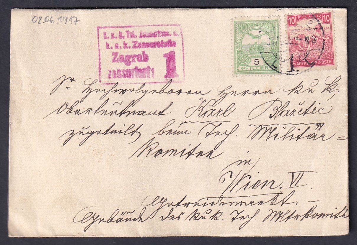 1917. Zagreb, Bécsbe feladott cenzúrázott levél, teljes tartalommal
