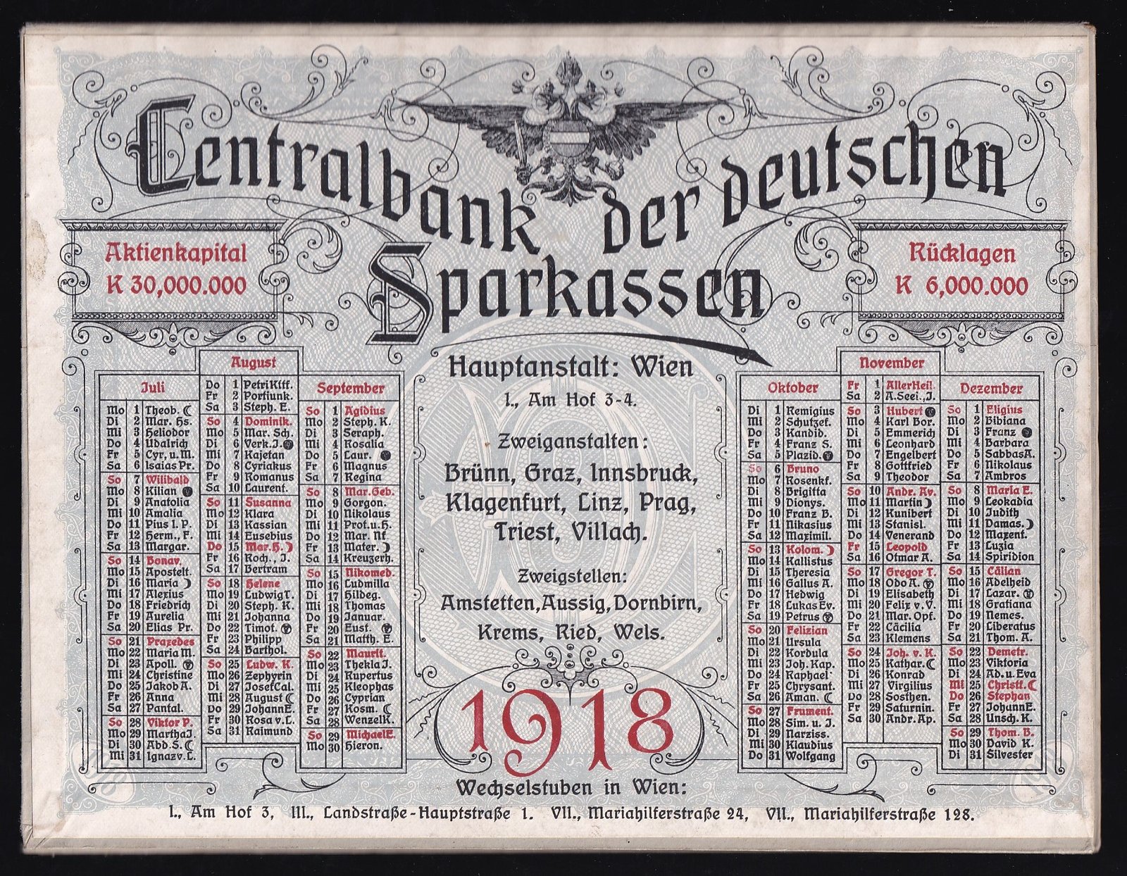 1918. Centralbank der deutschen Sparkassen – eredeti osztrák banki naptár (Wien) - kiváló minőségben!