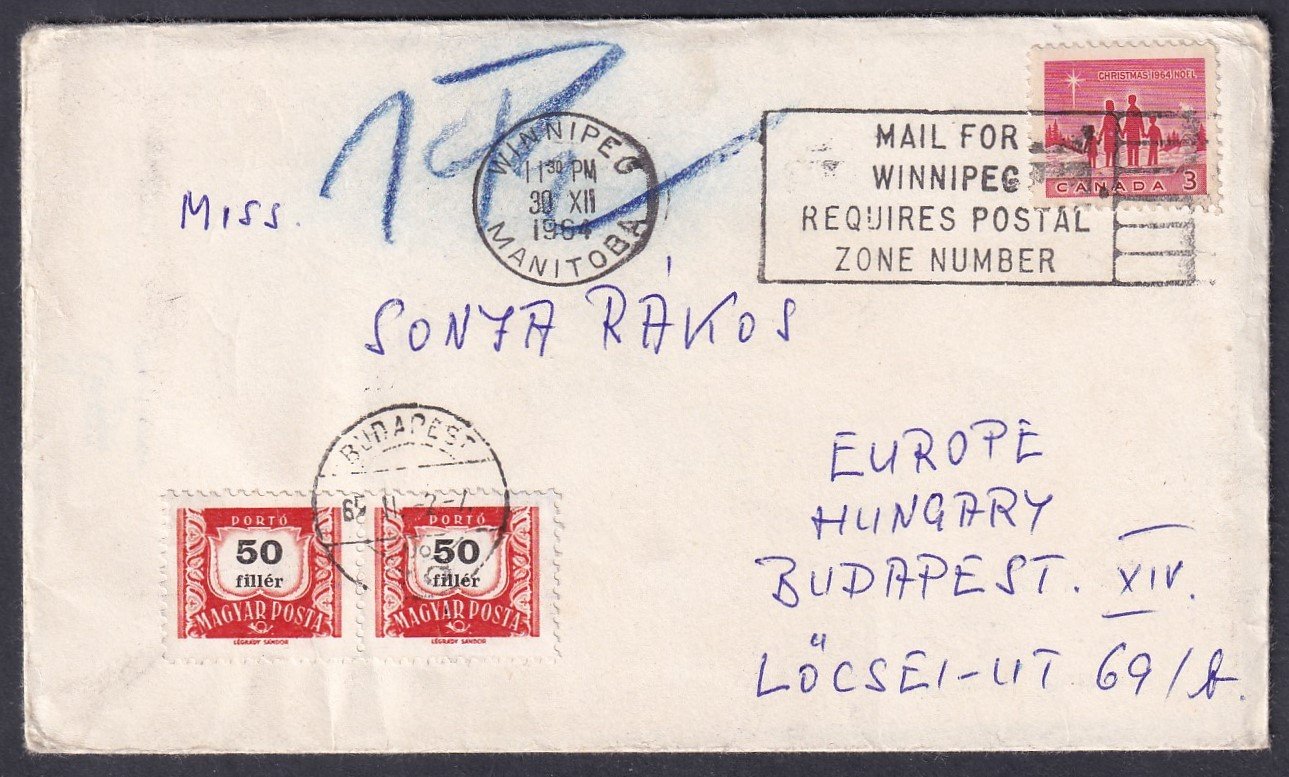 1964. Kanada, magyarországra feladott portós levél, levél tartalommal
