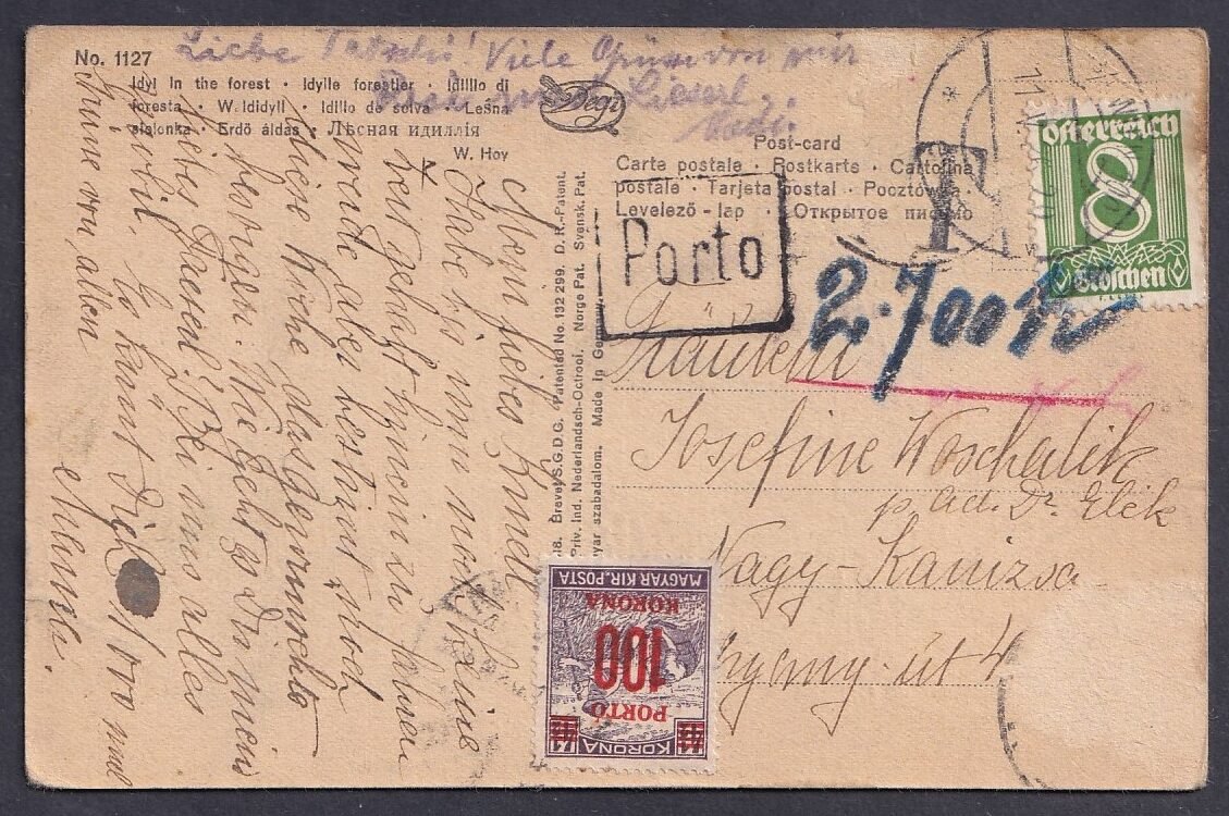 1926. V. 11-én Ausztriából Nagykanizsára feladott képeslap, kisegítő portóval.