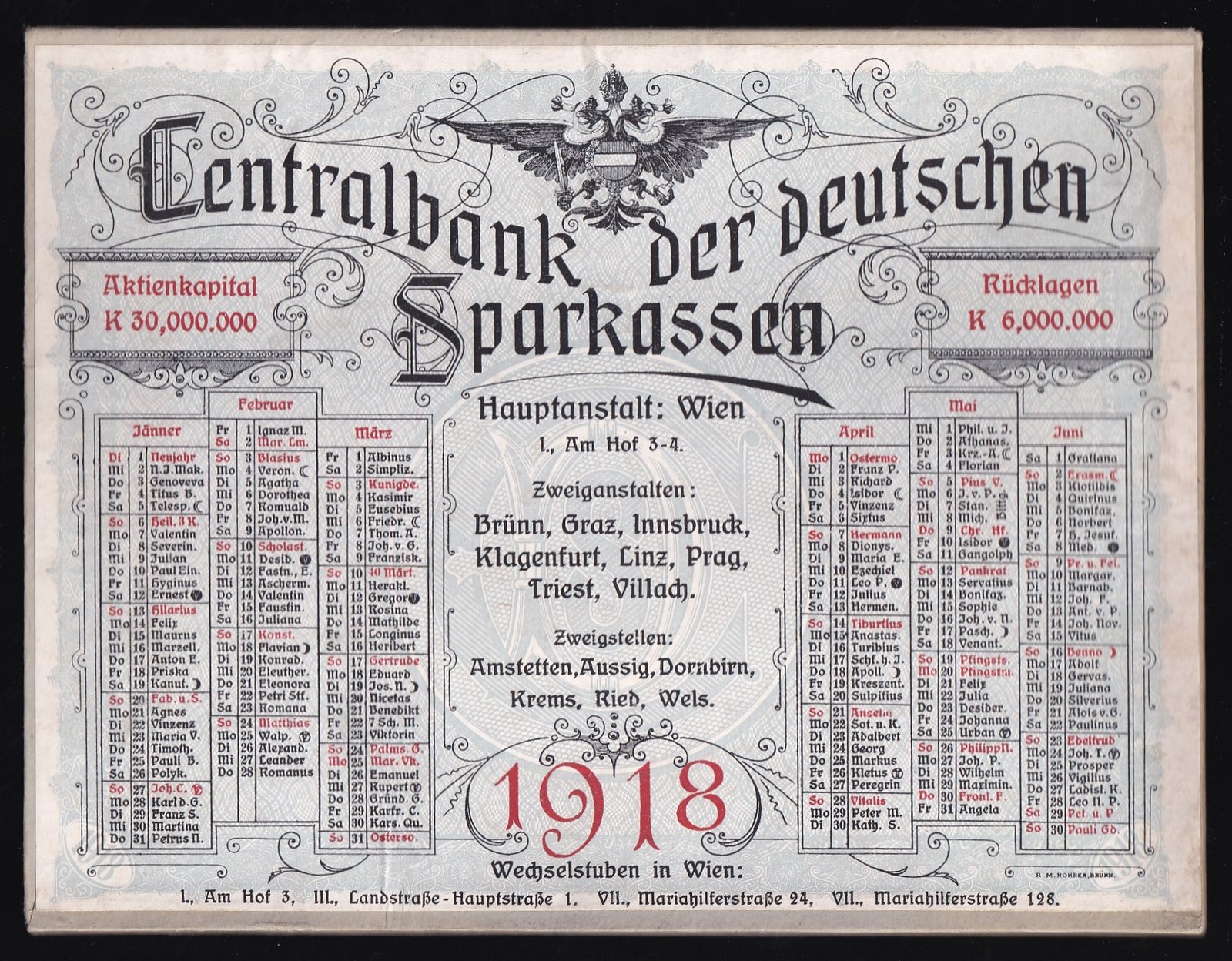 1918. Centralbank der deutschen Sparkassen – eredeti osztrák banki naptár (Wien) – kiváló minőségben!