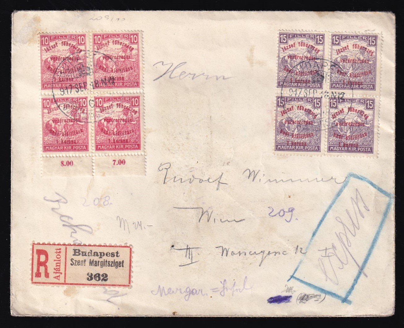 1917. Bécsbe feladott expressz-ajánlott levél, Hadikiállítás bélyegekkel - "Szent Margitsziget" ragjegy!