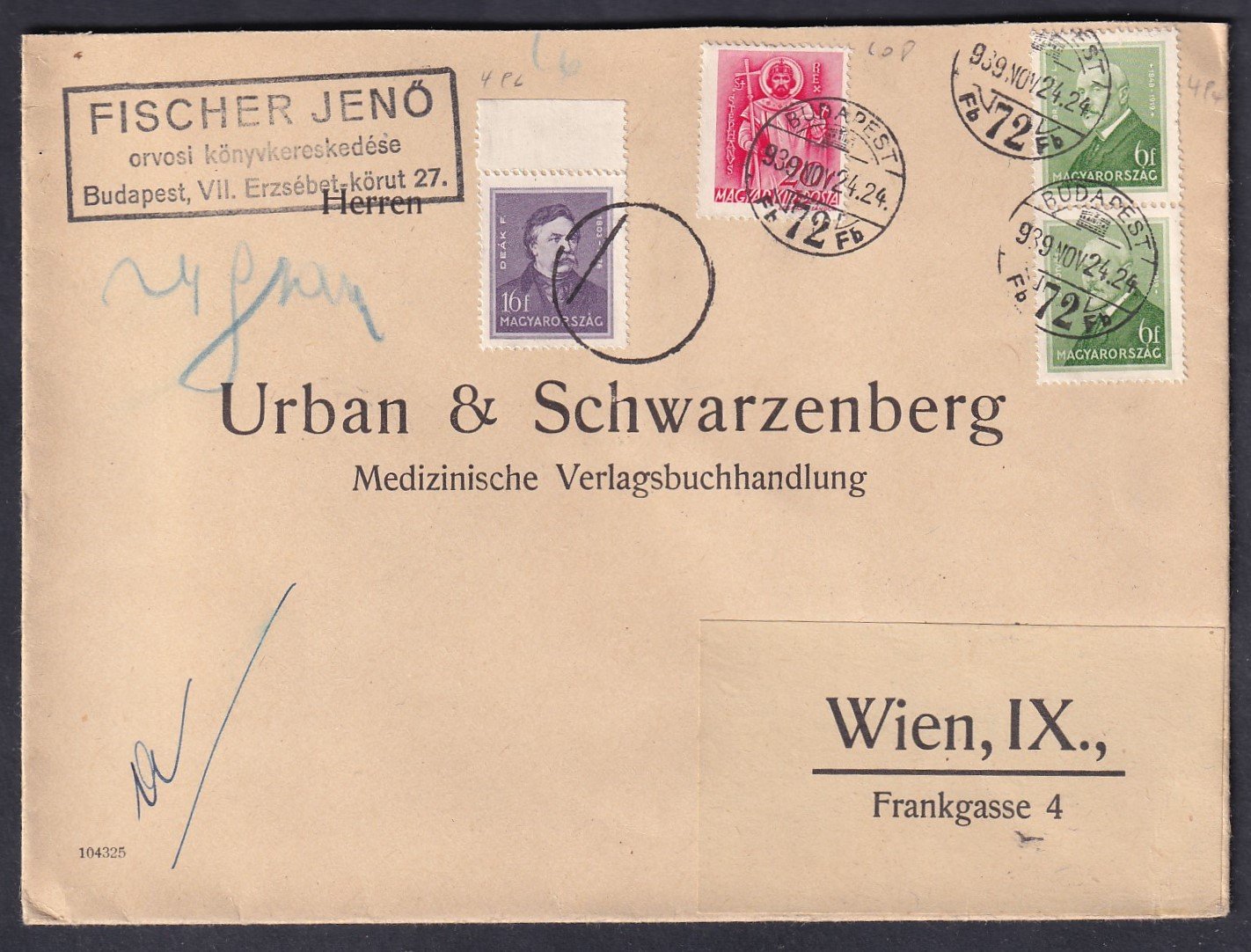1939.Budapest, Bécsbe feladott levél, eredetileg 2. súlyfokozatú díjszabással.
