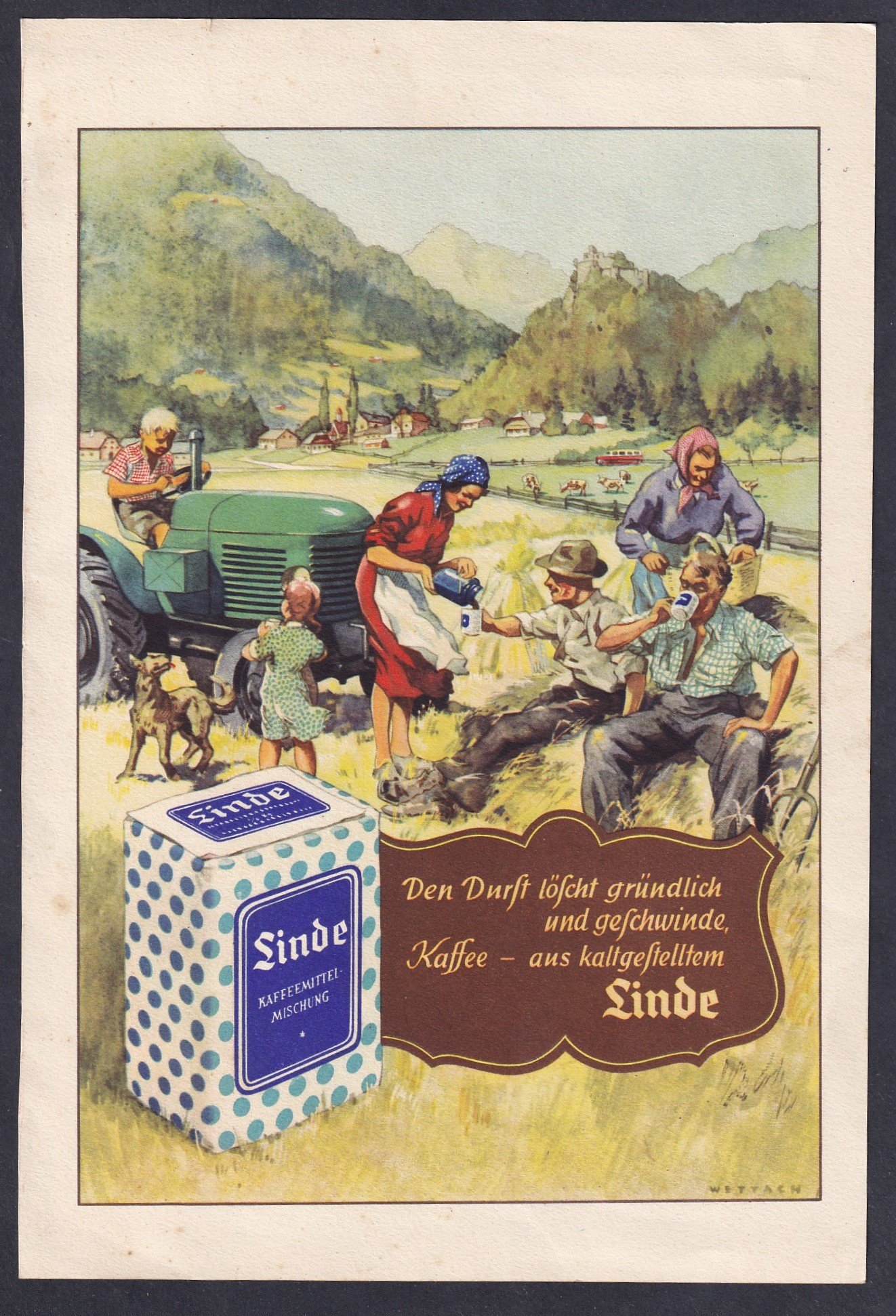 Sinde kávépótló reklámlap (kb. 1930-as évek) – vidéki életet ábrázoló grafika, élelmiszer- és mindennap­történeti forrás - kiválló állapotban! /160x235 mm/