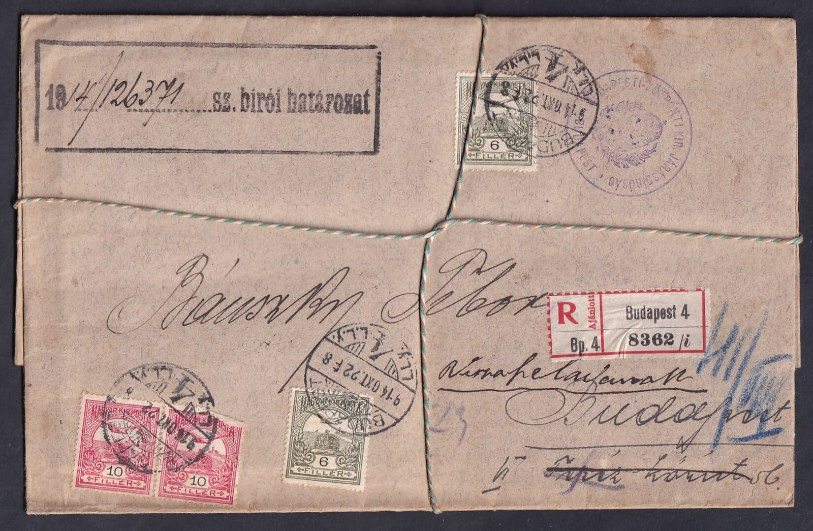 1914. Nem kézbesített bírósági küldemény, archíválásra átkötött zsinórral, kézbesítési szelvénnyel, teljes tartalommal – 1914 óta felbontatlan állapotban.