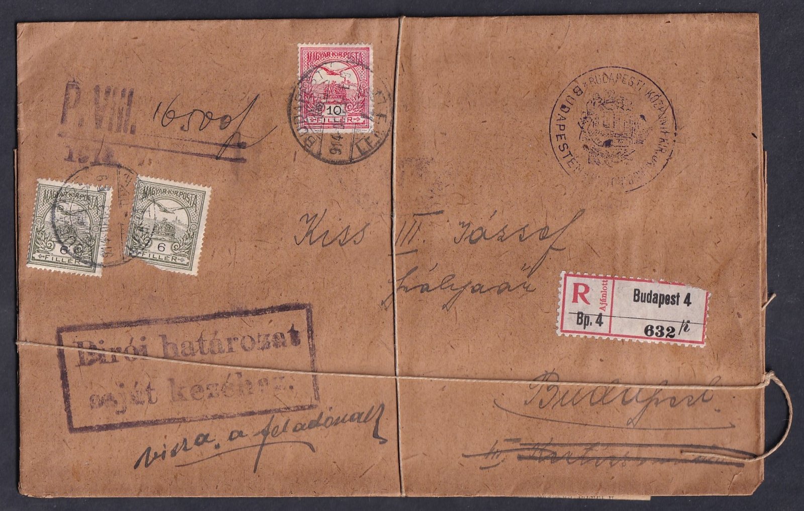 1914. Nem kézbesített bírósági küldemény, archíválásra átkötött zsinórral, kézbesítési szelvénnyel, teljes tartalommal – 1914 óta felbontatlan állapotban.