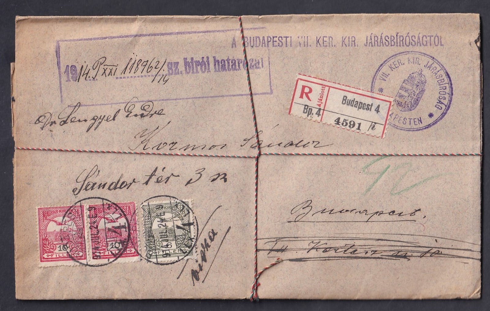 1914. Nem kézbesített bírósági küldemény, archíválásra átkötött zsinórral, kézbesítési szelvénnyel, teljes tartalommal – 1914 óta felbontatlan állapotban.