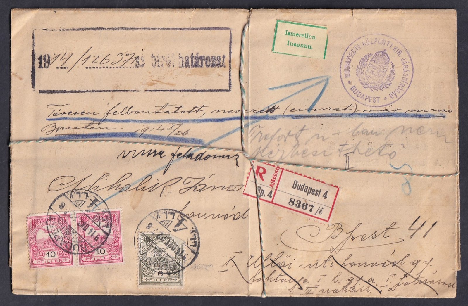 1914. Nem kézbesített bírósági küldemény, archíválásra átkötött zsinórral, kézbesítési szelvénnyel, teljes tartalommal – 1914 óta felbontatlan állapotban.