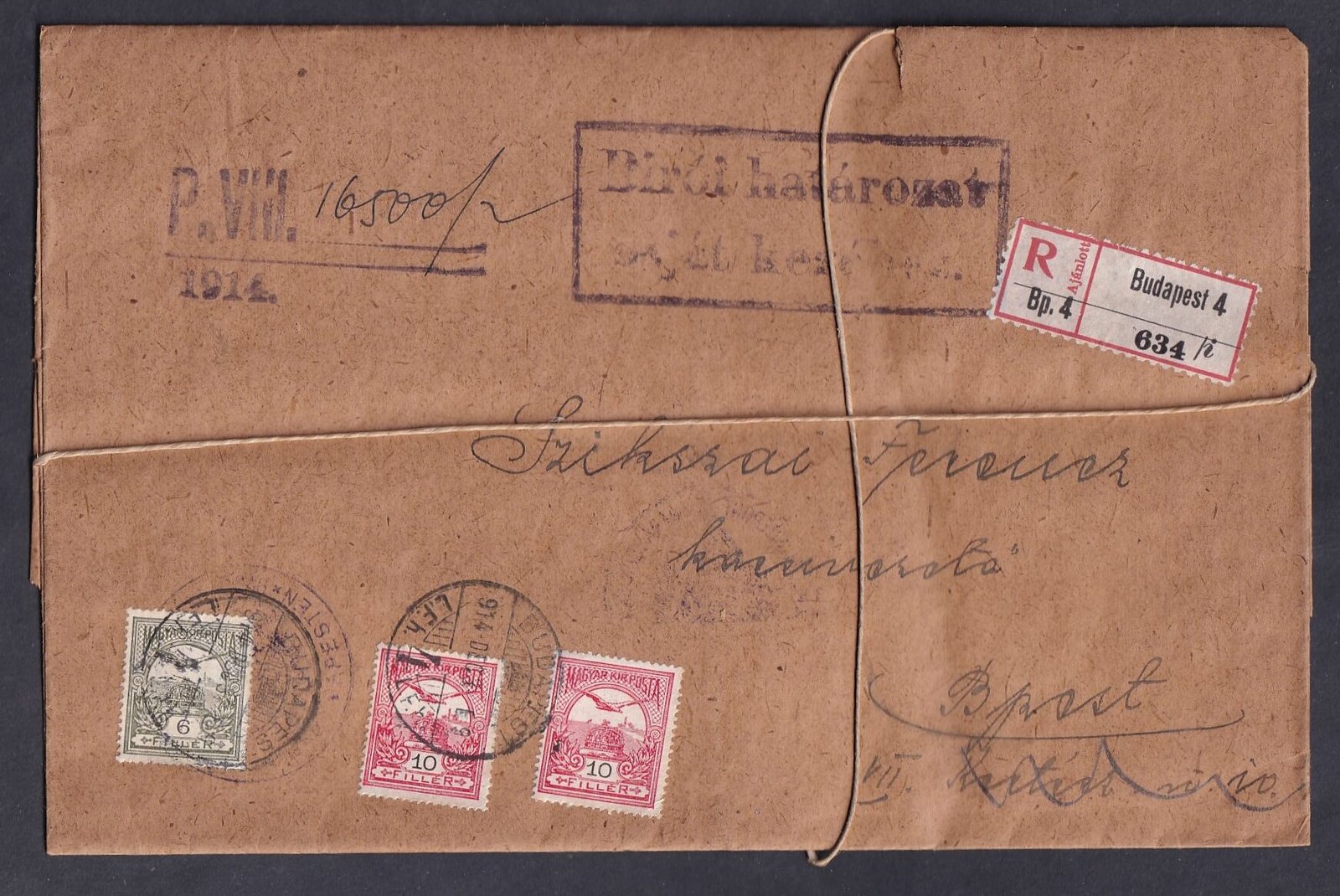 1914. Bírói Határozat - ajánlott levél, nem kézbesített küldemény, eredeti, bontatlan levéltári csomagban megőrizve.