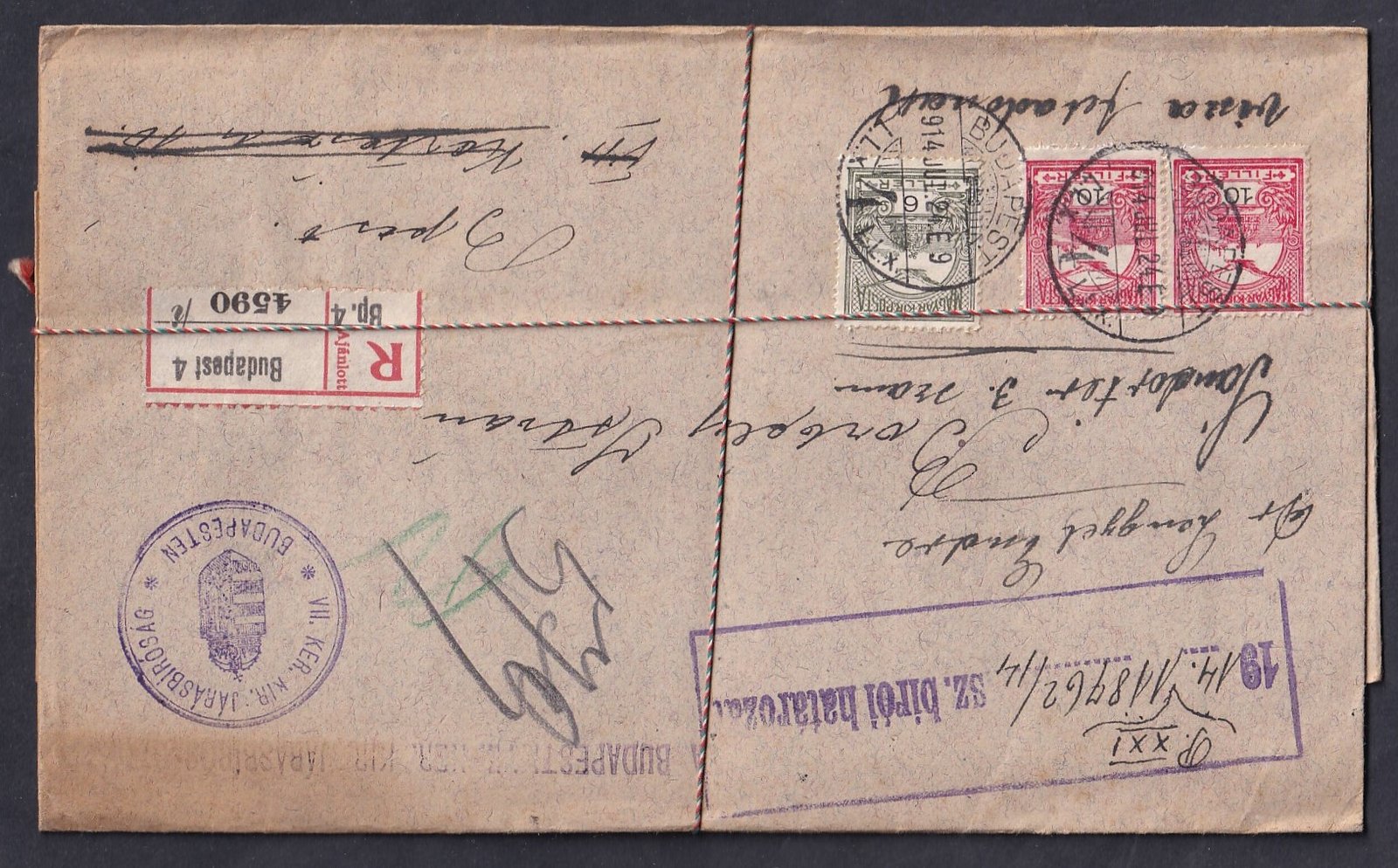 1914. A Budapest VII. ker. kir. járásbíróság által feladott ajánlott levél, nem kézbesített küldemény, eredeti, bontatlan levéltári csomagban megőrizve.