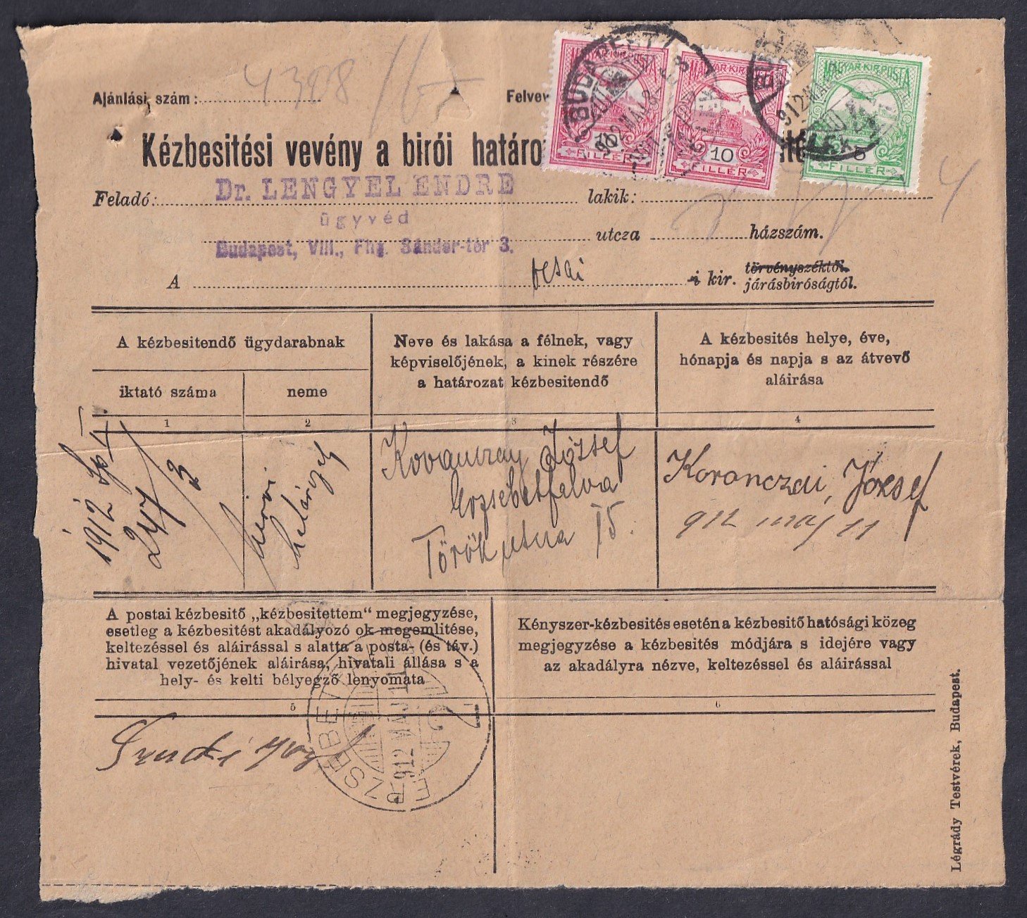 1911. „Kézbesítési vevény a bírói határozatok postai kézbesítéséhez”, a Budapesti Királyi Járásbíróság eljárásában. Teljes egészében kitöltött, postai bélyegzéssel, kézbesítési és hatósági feljegyzésekkel. Ritka igazságügyi–postatörténeti dokumentum1911. „Kézbesítési vevény a bírói határozatok postai kézbesítéséhez”, a Budapesti Királyi Járásbíróság eljárásában. Teljes egészében kitöltött, postai bélyegzéssel, kézbesítési és hatósági feljegyzésekkel. Ritka igazságügyi–postatörténeti dokumentum