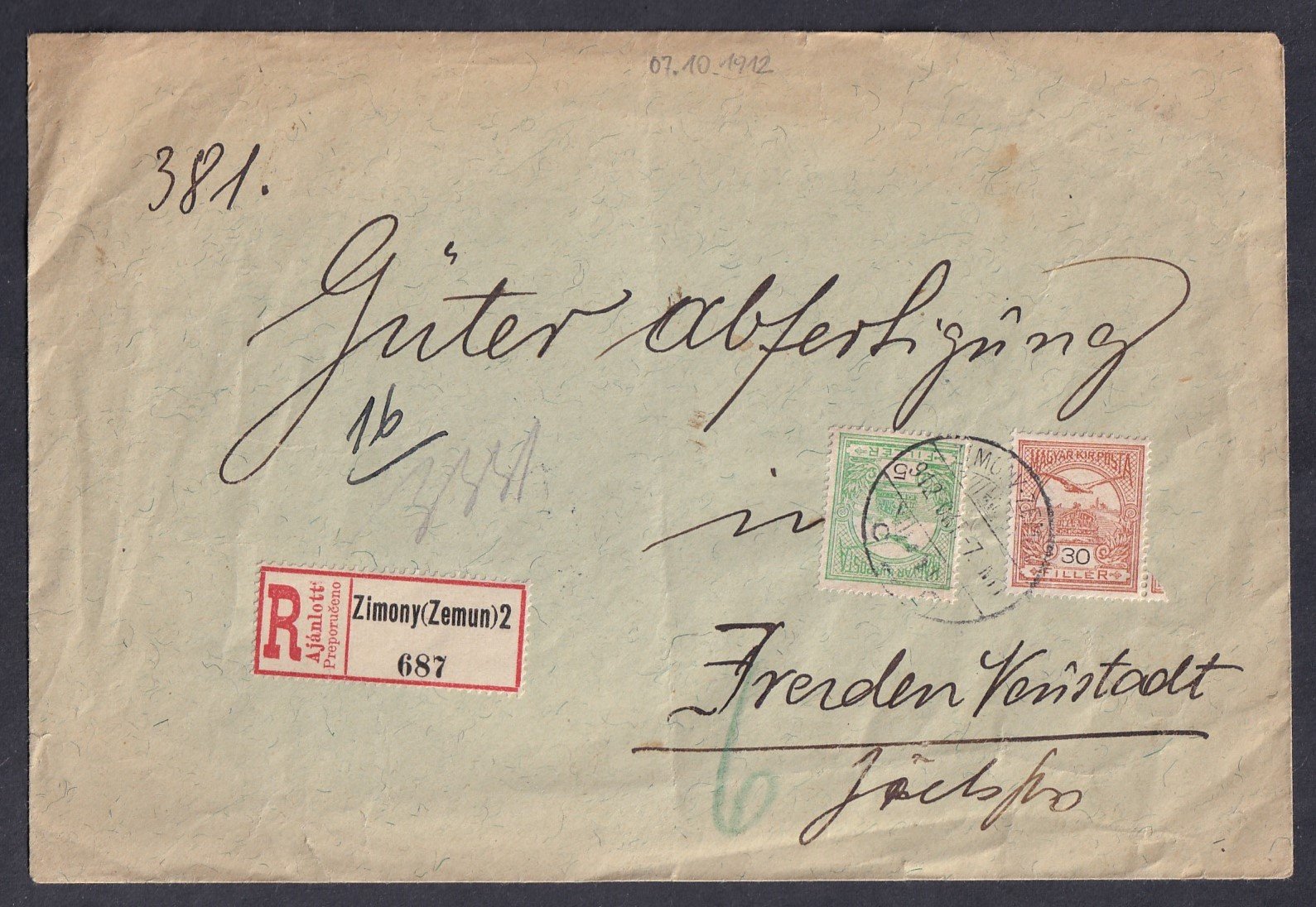 1912. Zimony, Dresden-Neustadt-ba feladott ajánlott levél