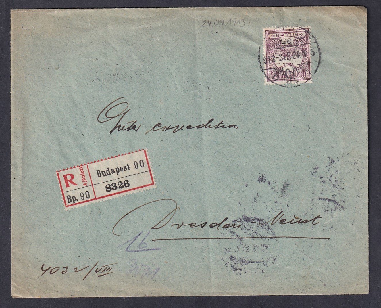 1913. Budapest, Drezdába feladott ajánlott levél