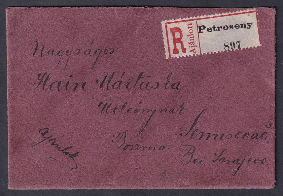 1909. Petrozseny, Semizovac-ra feladott kisalakú jánlott levél