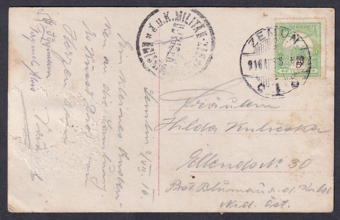 1916. Zemun, Blumau-Neurißhof-ba feladott képeslap - K.u.K. katonai cenzúrával
