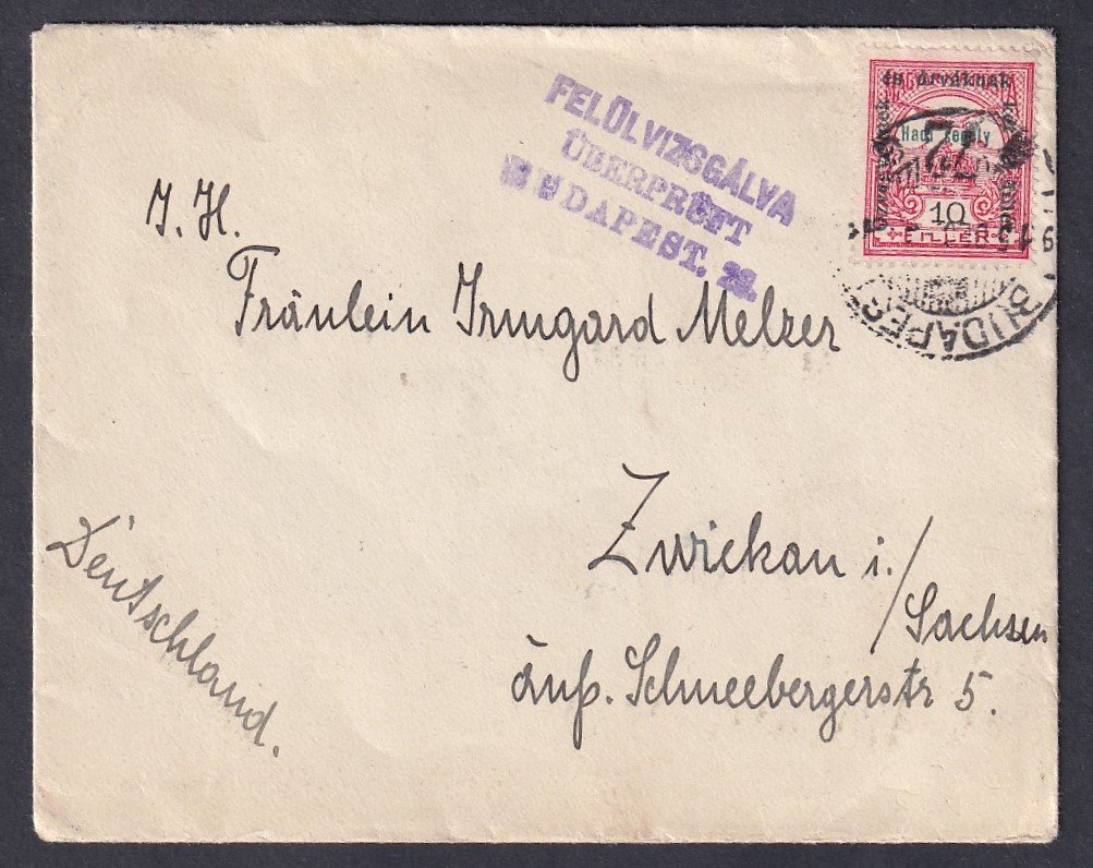 1915. Budapest, Zwickau/Sachsen-be feladott kiasalakú cenzúrázott levél