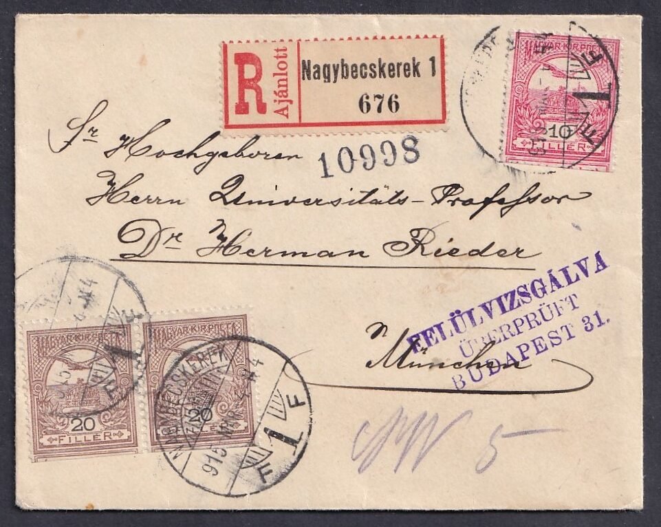 1915. Nagybecskerek, Münchenbe feladott cenzúrázott-ajánlott levél