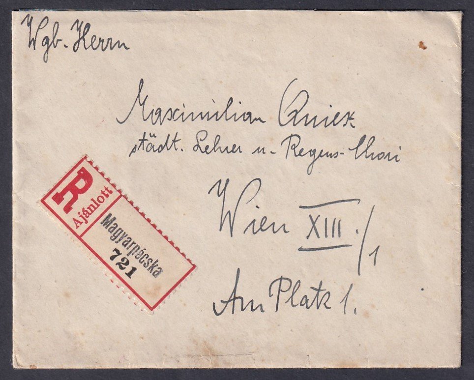 1918. november 9-én Magyarpécskáról Bécsbe feladott levél. Erdélyt 1918. december 1-jén csatolták el Magyarországtól; a küldemény a magyar közigazgatás alatt feladott utolsó levelek közé tartozik egy kis erdélyi településről