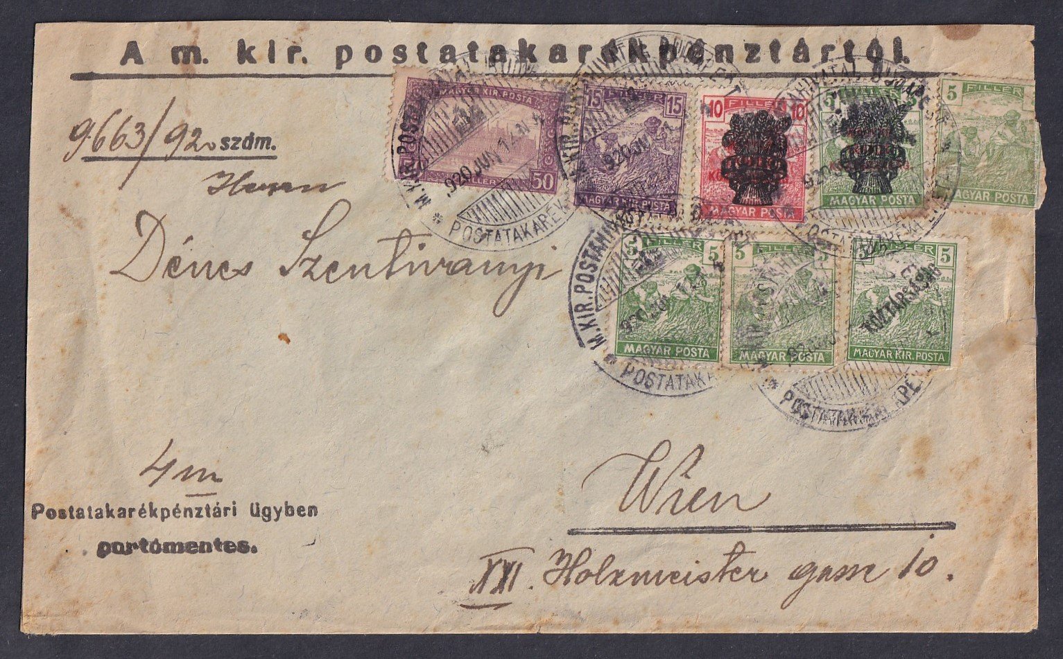 1920. Postatakarék Pénztári bélyegzéssel, levél záróval Bécsbe feladott levél