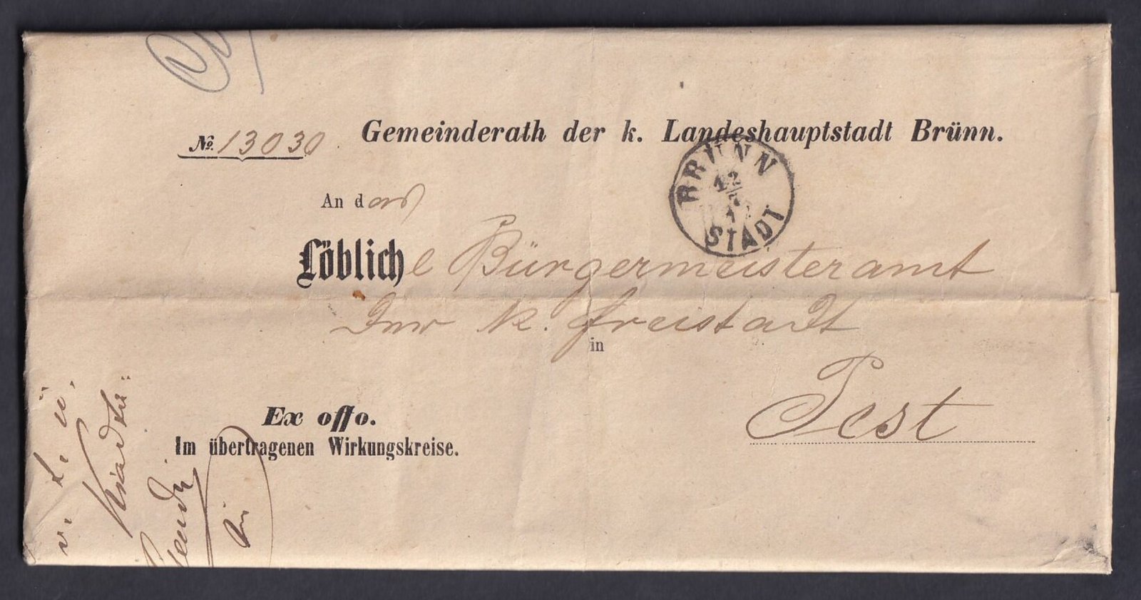 1872. Brünn, Pestre feladott ex offo levél teljes tartalommal