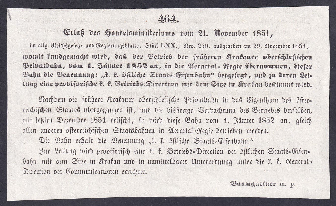 1851. Osztrák államvasúti rendelet – Krakkó, felső-sziléziai vasút  Eredeti, korabeli kormányzati nyomtatvány