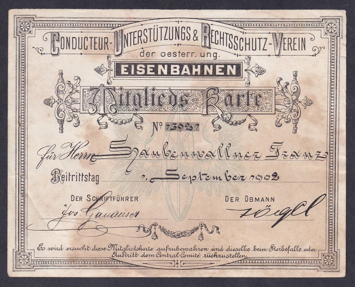 1903. Osztrák–Magyar Monarchia vasutas egyesületi tagsági igazolvány (Eisenbahnen)