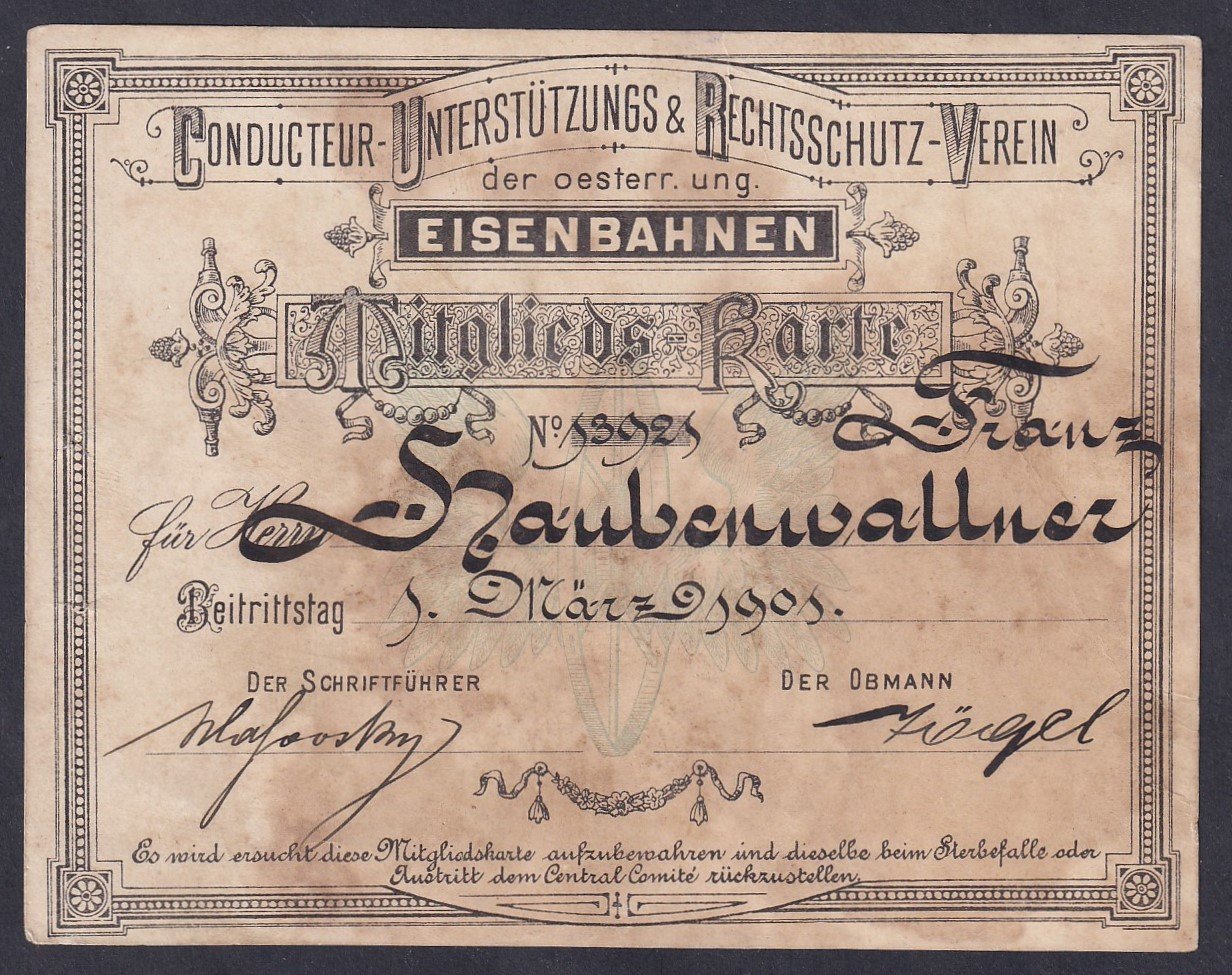 1903. Osztrák–Magyar Monarchia vasutas egyesületi tagsági igazolvány (Eisenbahnen)