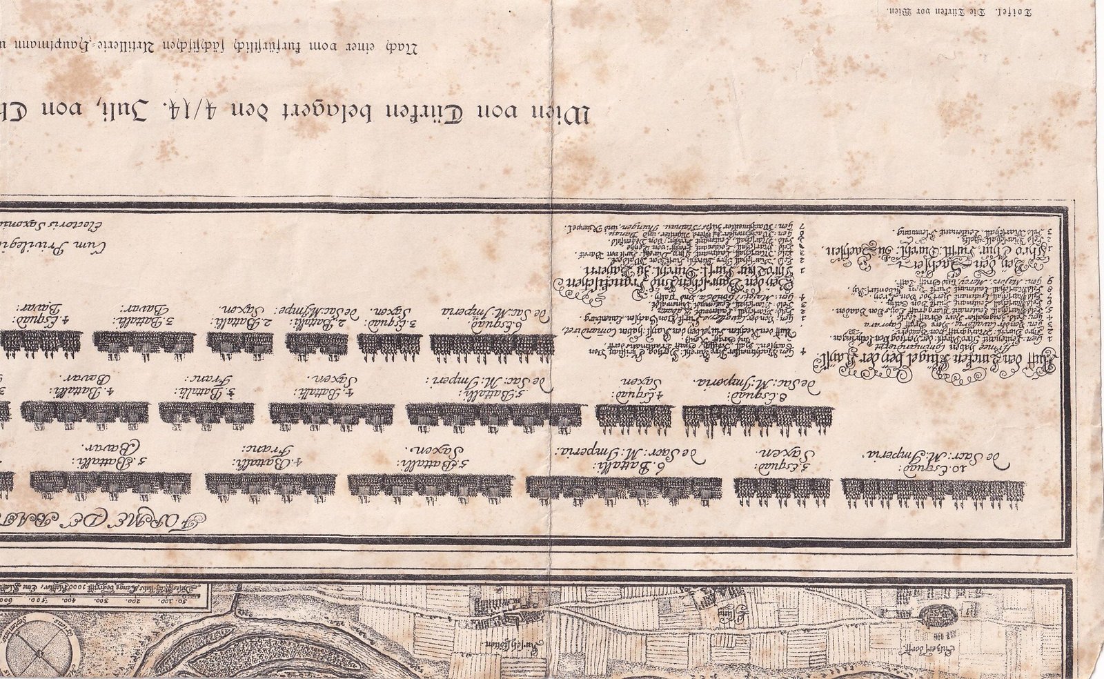 Nagyméretű barokk rézmetszet Bécs 1683-as ostromáról, a 18. század első felében készült összefoglaló haditérkép, részletes csatarendekkel és díszes címtáblával
