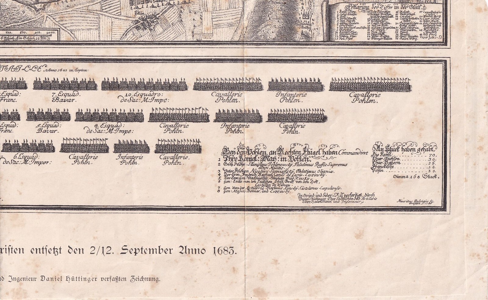 Nagyméretű barokk rézmetszet Bécs 1683-as ostromáról, a 18. század első felében készült összefoglaló haditérkép, részletes csatarendekkel és díszes címtáblával