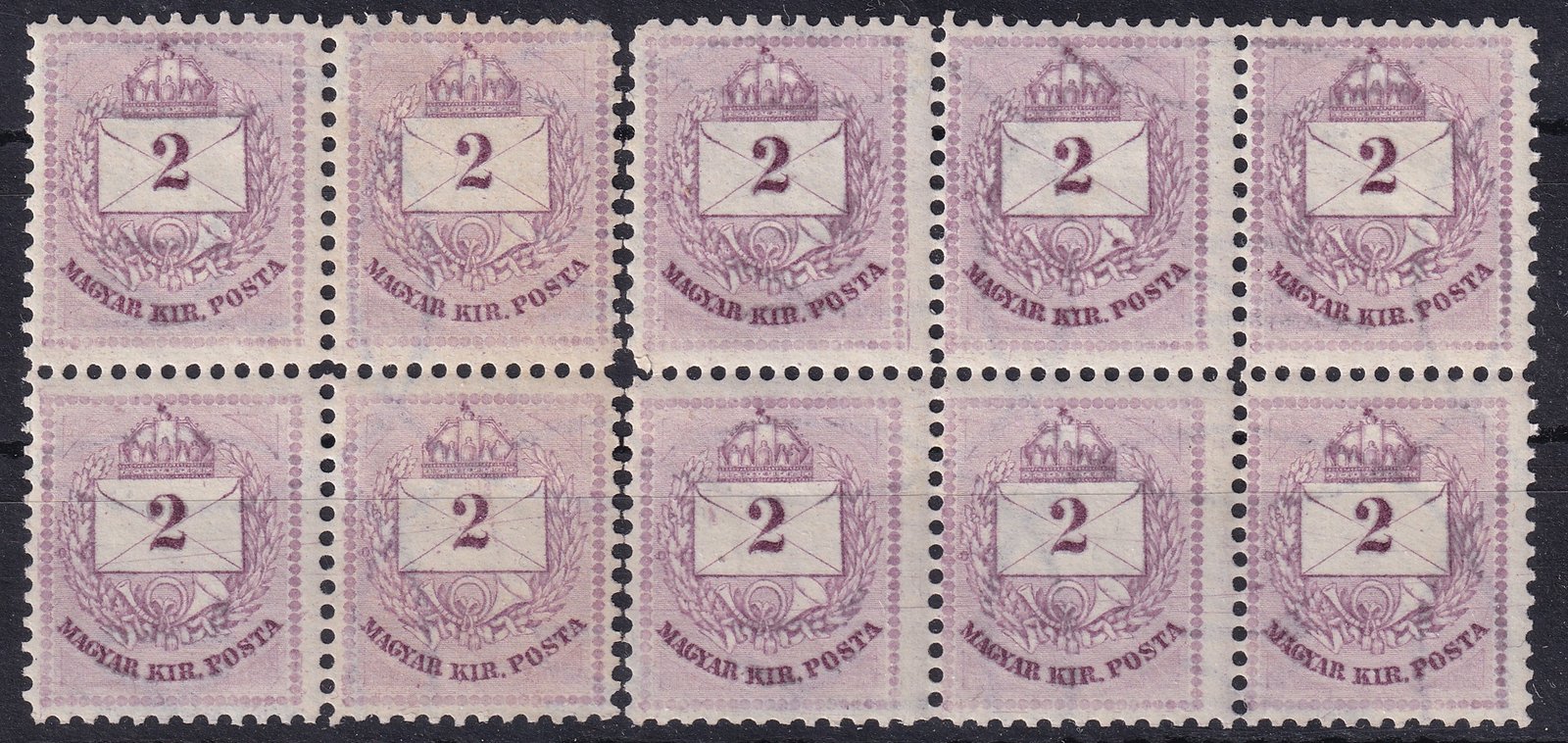 1881. II. 2 kr – eredetileg egybefüggő tízestömb, látványos olajas nyomattal. Rendkívüli darab, ilyen nagy összefüggésben alig ismert, kiemelkedő filatéliai ritkaság /RR/