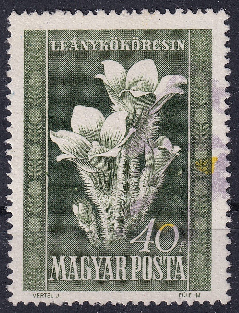 1950. Virág I. 40 f – a virágok sárga és lila színű nyomatai erősen elcsúszva