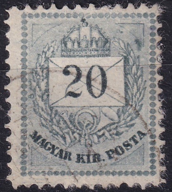 1881. 20kr, a jobb felső háromszögnél látványos lemezkitörés