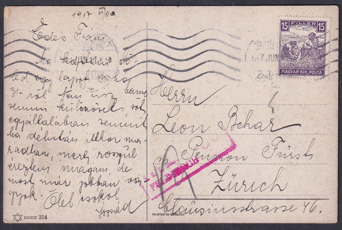 1917. Zürich-be feladott cenzúrázott képeslap
