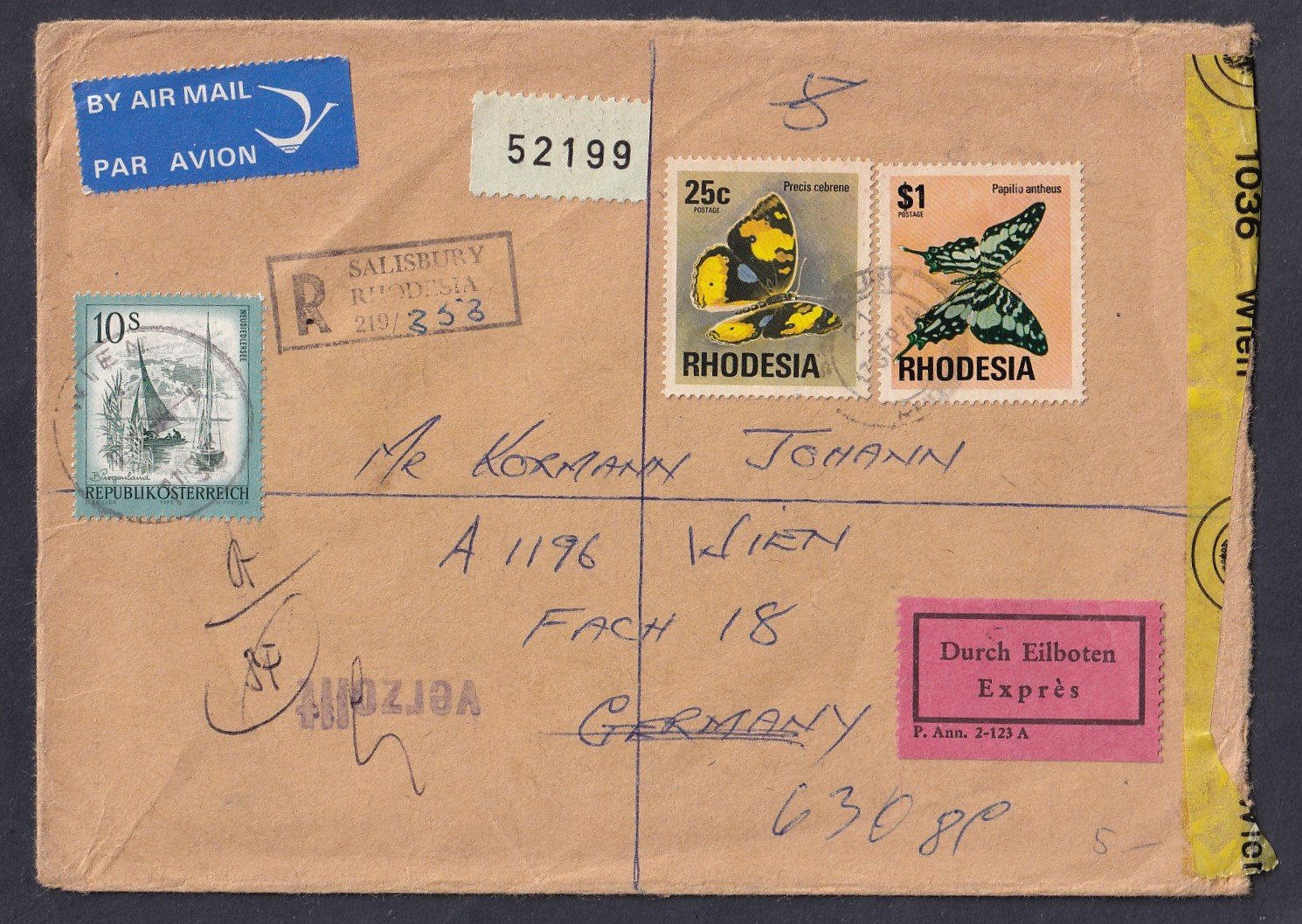 1974. Rhodesia – Ausztriába feladott expressz, ajánlott légipostai levél, 3 schilling portóval, valamint 10 schilling összegű utólagos osztrák postai kezelési díjjal. Különleges díjkiegészítésű küldemény, melynek jelentőségét tovább növeli, hogy Rhodesia önálló postai működése mindössze 9 évig tartott.