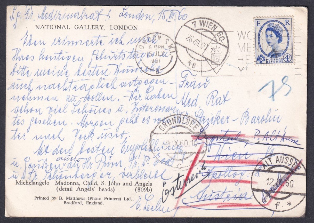 1960. Nagy-Britanniából Ausztriába feladott képeslap, amelyet többszöri továbbküldés után, két hónappal később kézbesítettek – modern kori „vándorküldemény” érdekesség