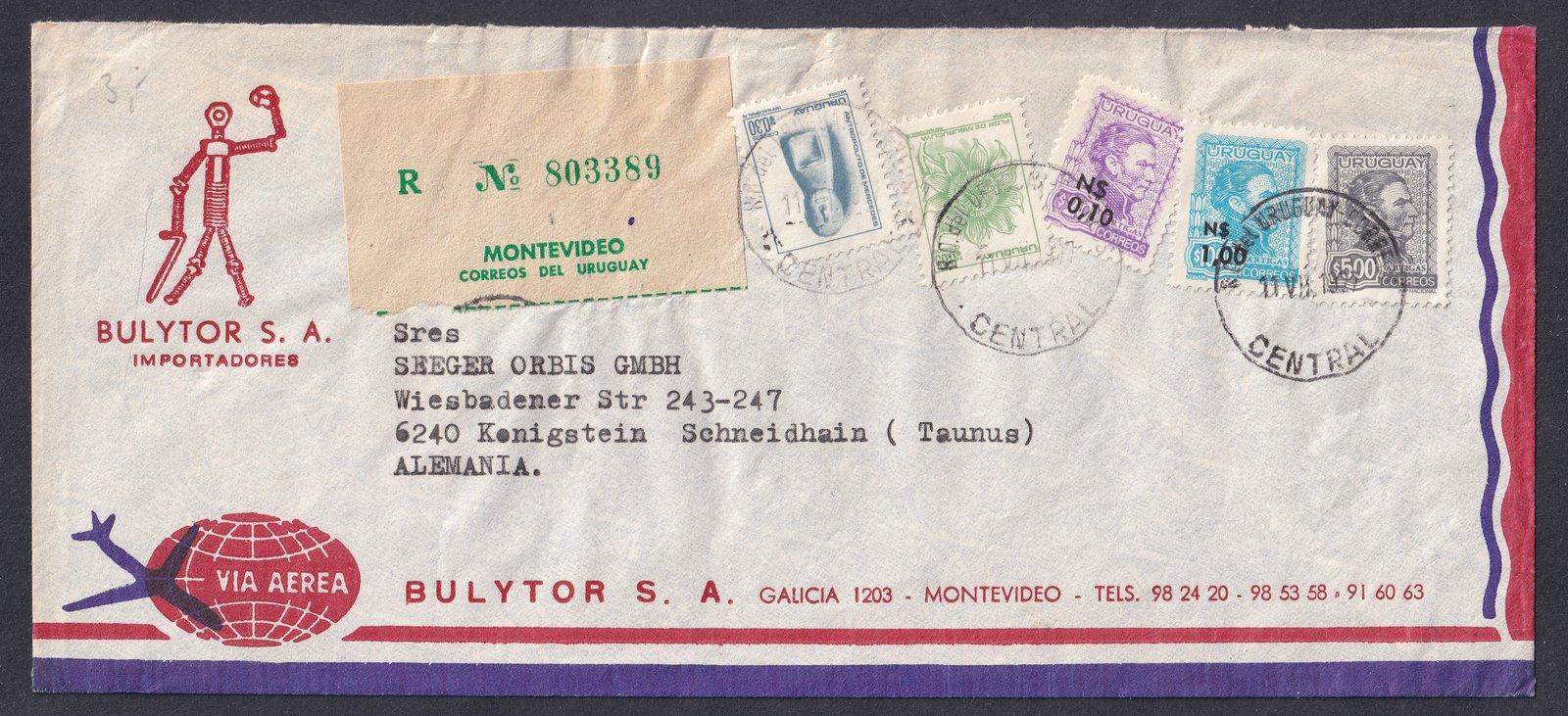 1977. Montevideo (Uruguay), Schneidhain Königstein im Taunus (NSZK)-ba feladott ajánlott levél - érdekes ragjeggyel