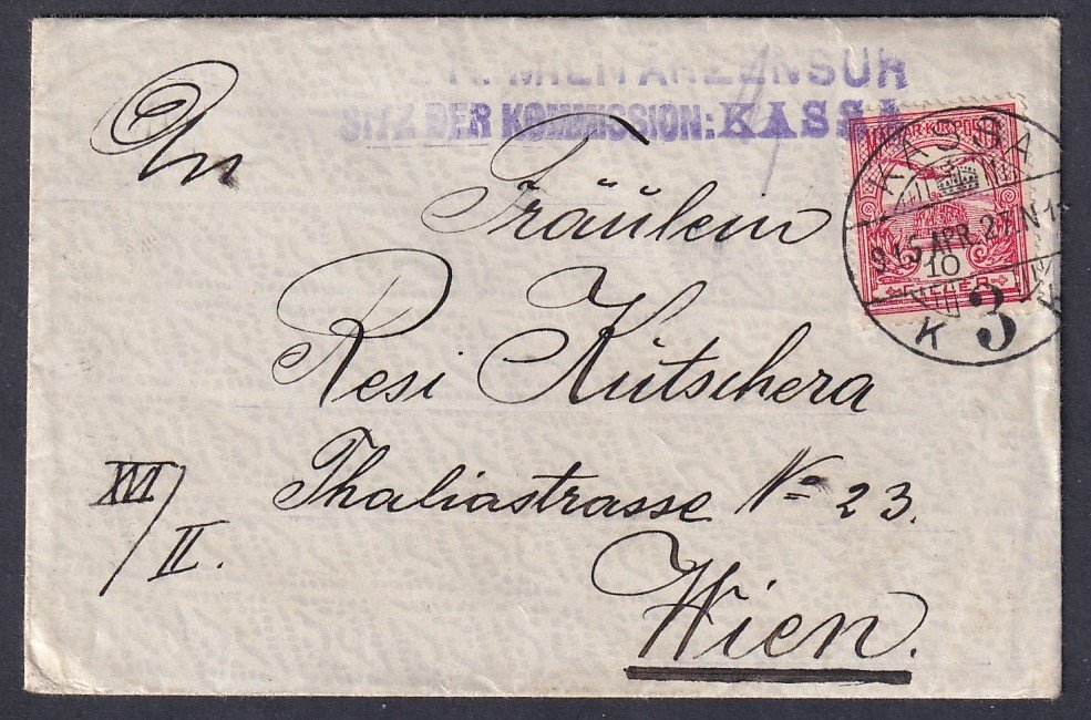 1915. Kassa, Bécsbe feladott cenzúrázott levél, teljes tartalommal