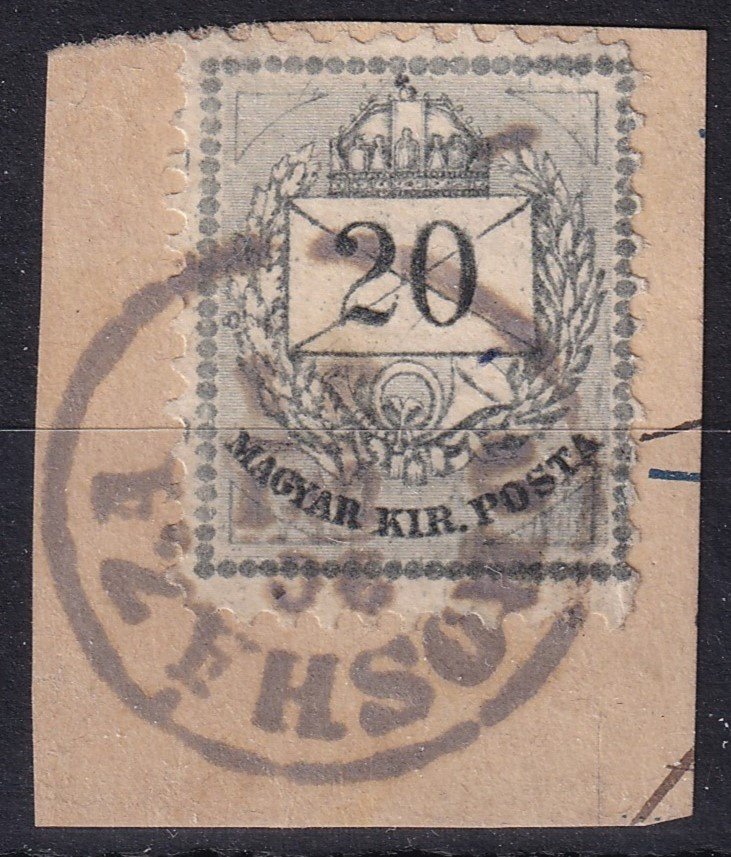 1881. 20 kr, ritkán látható metszetjavítással a gyöngysoron, OROSHÁZA bélyegzéssel, kivágáson.