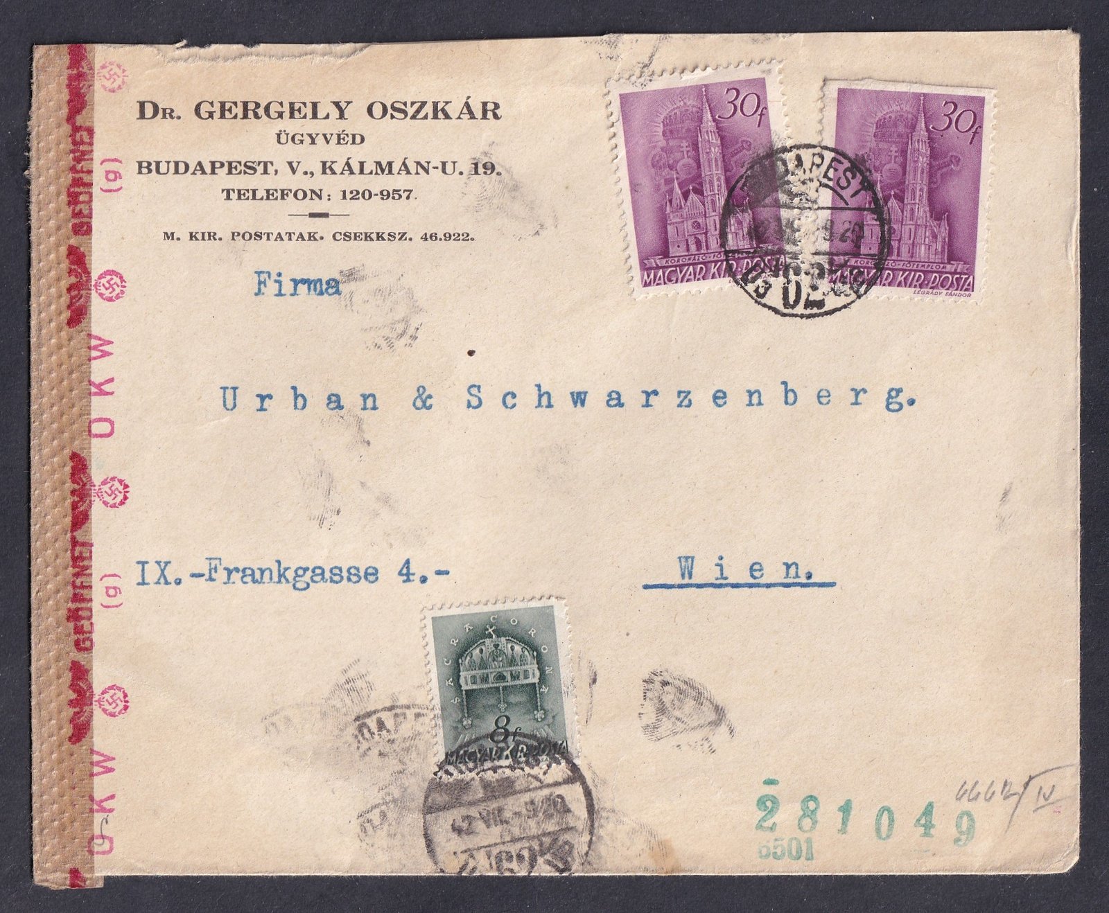 1942. Budapest, Bécsbe feladott, 4 fillérrel alulbérmentesített, 3. súlyfokozatú, cenzúrázott levél
