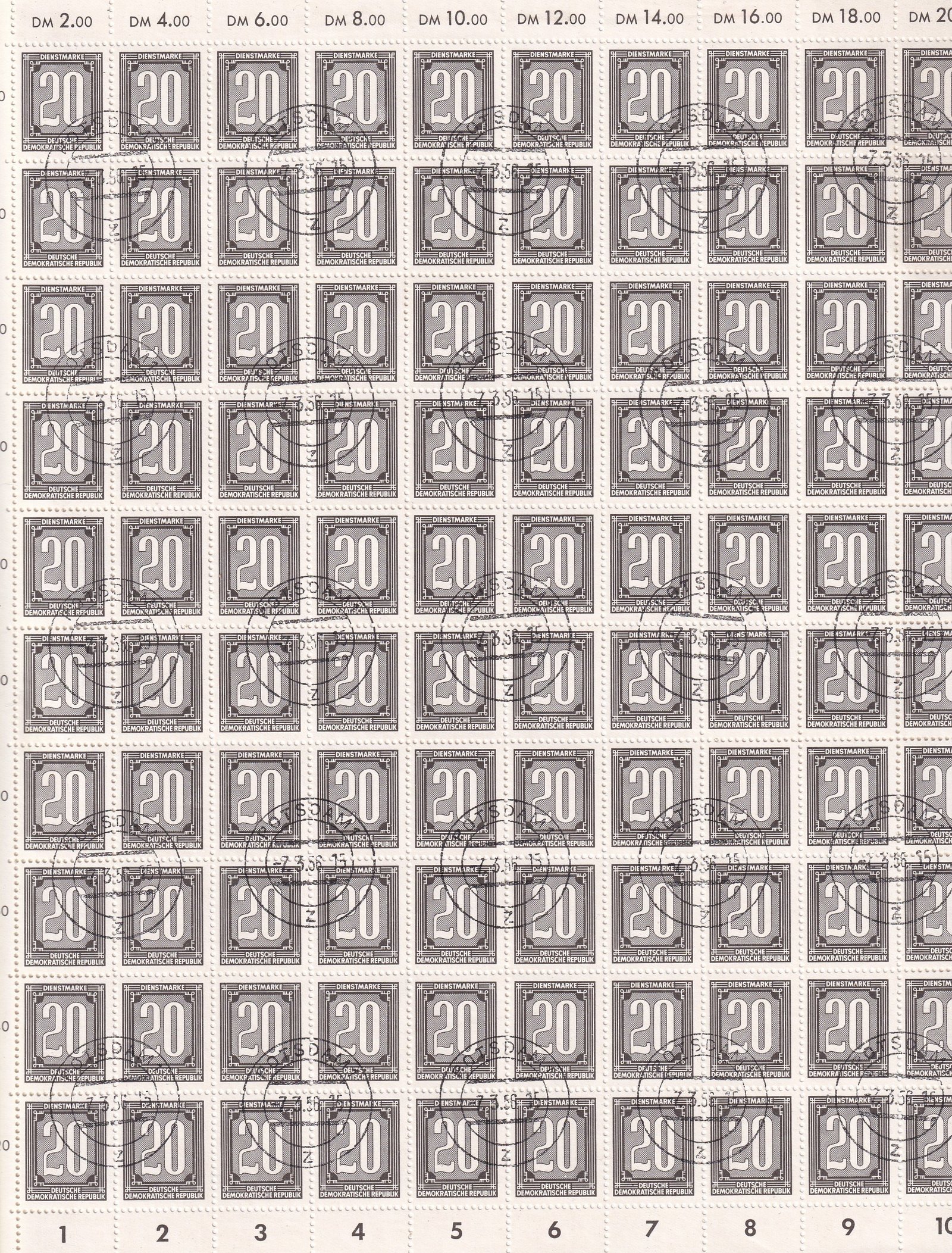 1956. NDK, 20pf teljes bélyegzett ív